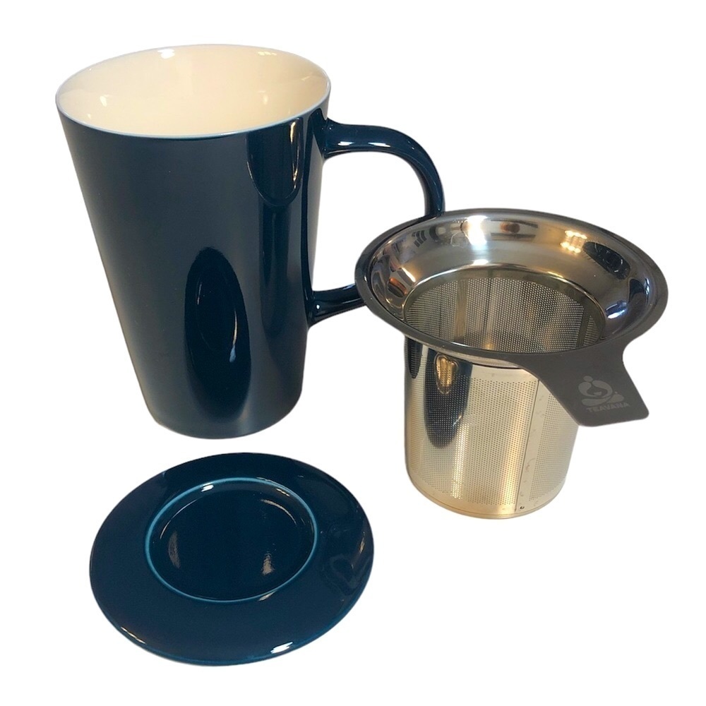 Teavana Fine Porcelain Mug With Lid & Looseleaf Tea Steeper Navy/Teal & …
